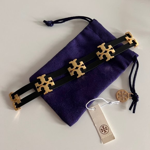 TORY BURCH SERIF T STACKED LEATHER BRACELET BLACK/GOLD - Picture 1 of 12